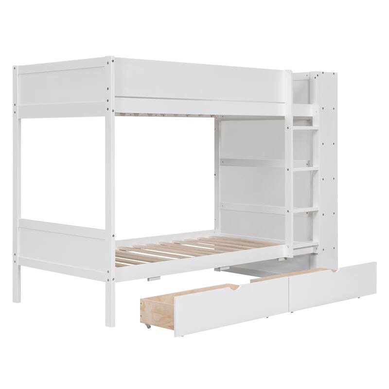 Twin over Twin Bunk Bed With 2 Drawers and Multi-layer Cabinet, White