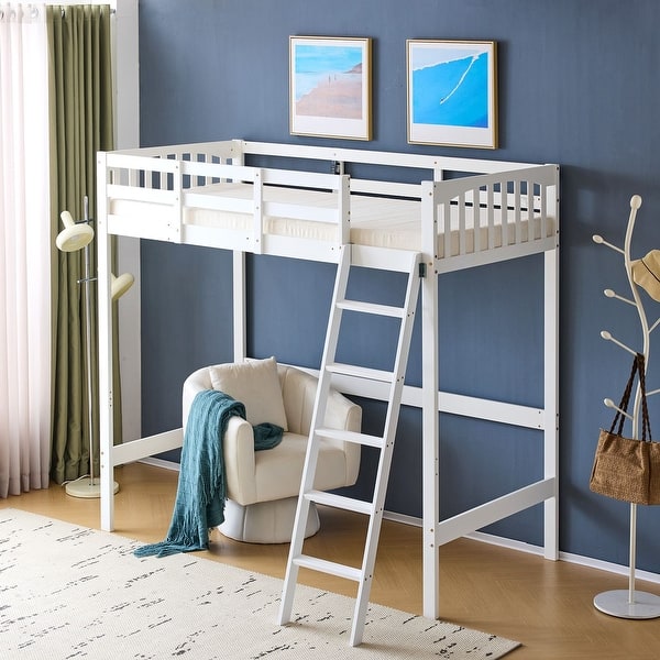 slide 2 of 8, Solid Wood Loft Bed Twin Size with USB Charging Station/LED White White - Twin