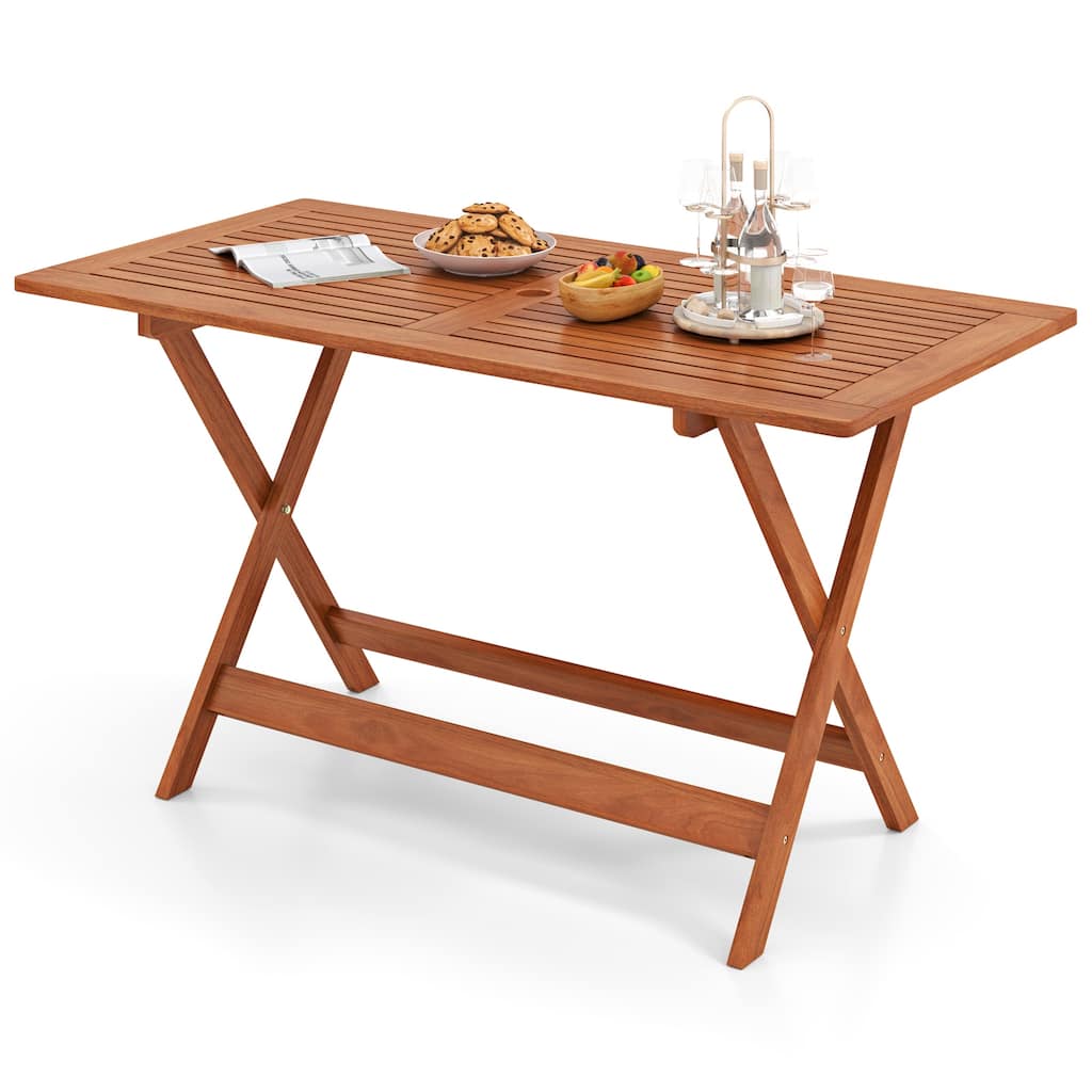 Gymax 54.5'' x 27.5'' Patio Dining Table w/ Teak Painting 2'' Umbrella