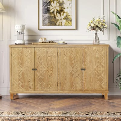 59" Brown Accent Cabinet with 4 Doors, Natural Wood Buffet Cabinet, Media Cabinet, Console Cabinet