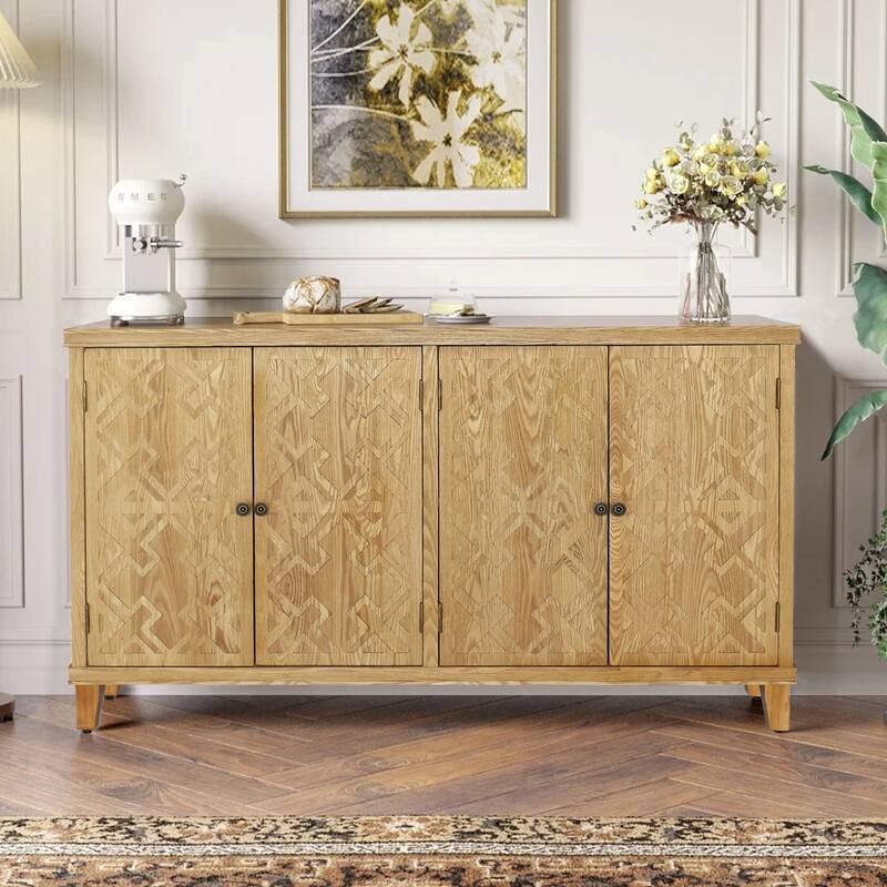 59" Natural Wood Media Console- 4-Door Accent Cabinet for Living Room, Entryway or Bedroom - Versatile Buffet &Storage Solution‌