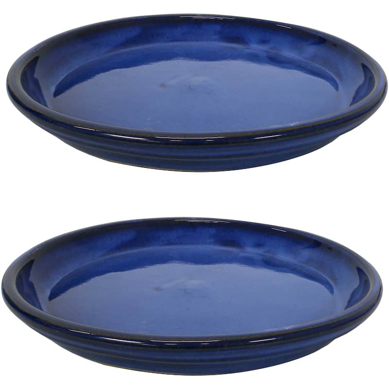 Sunnydaze Set of 2 Glazed Ceramic Planter Saucers - 12" - 14.25" - Imperial Blue
