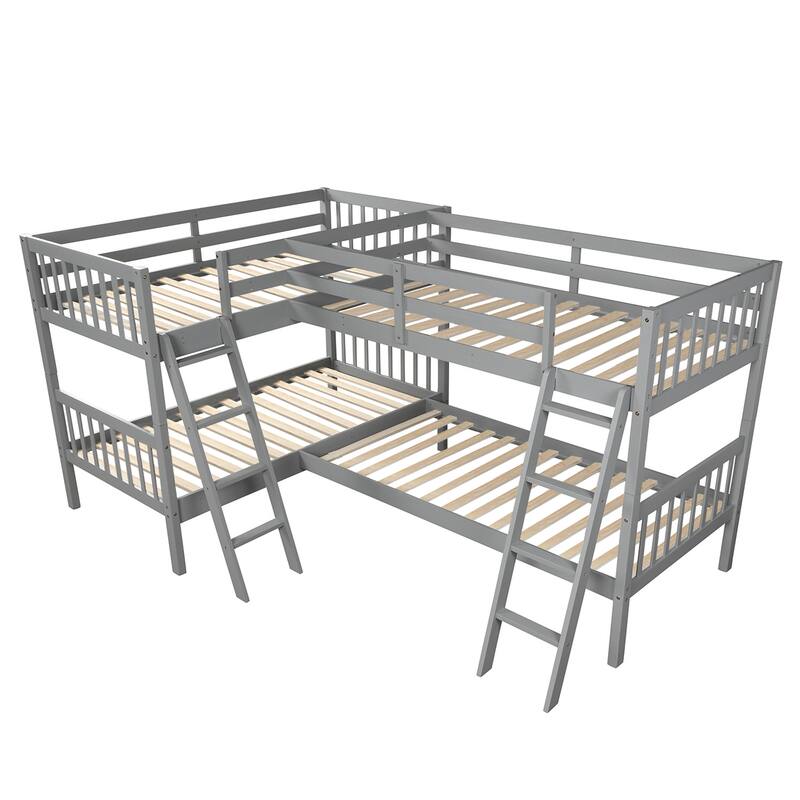 Twin Size L-Shaped Bunk Bed with Ladder in Gray