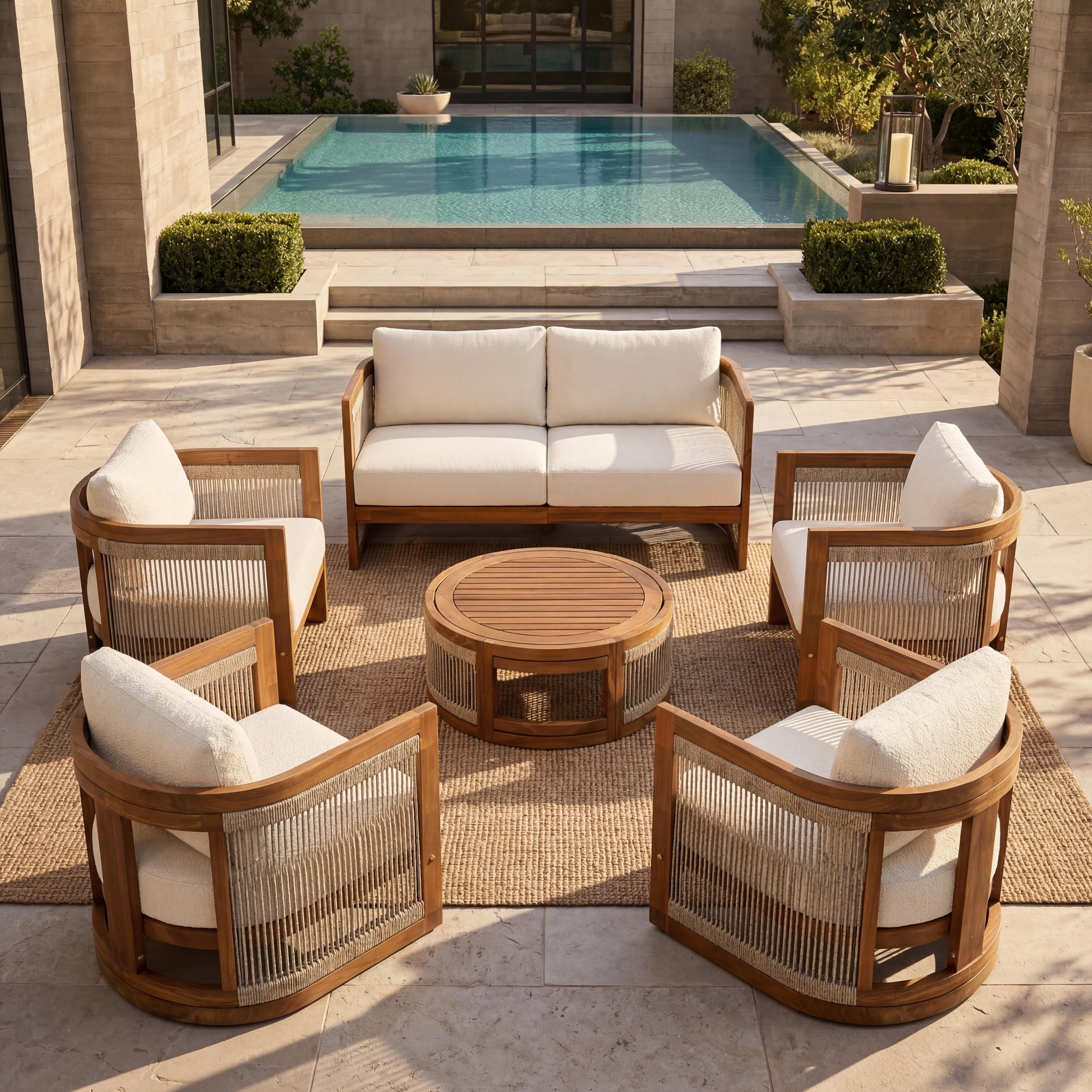 Christopher Knight Home - Outdoor 6-Piece Patio Conversation Set, Acacia Wood Frame with Rope Weave and Slatted Coffee Tables