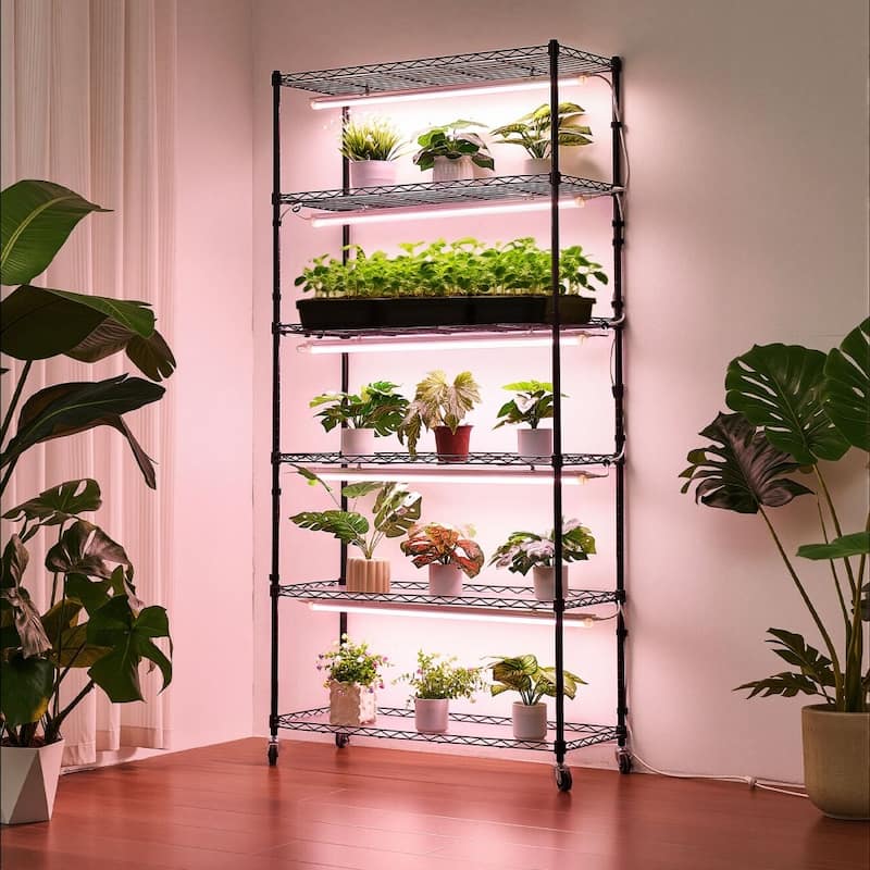 Black Metal 6-Tier Indoor Plant Stand with 5 LED Grow Lights and Timer, 71-Inch Adjustable Shelves on Wheels