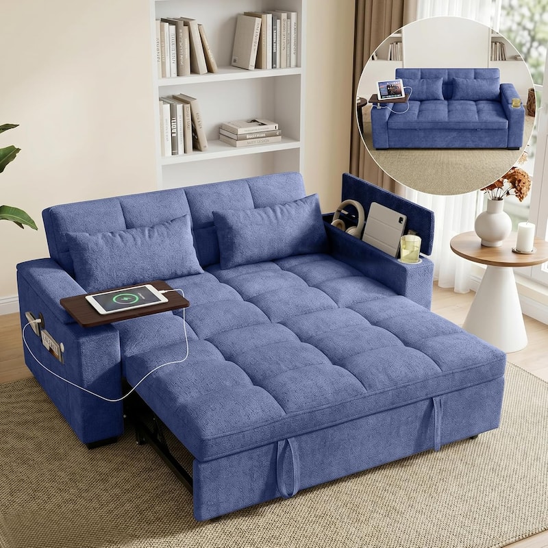 68" Chenille Fabric Sleeper Sofa Bed,Pull Out Couch with 360 Degree Swivel Side Table,USB Port,Cup Holder,Armrest Storage - Blue