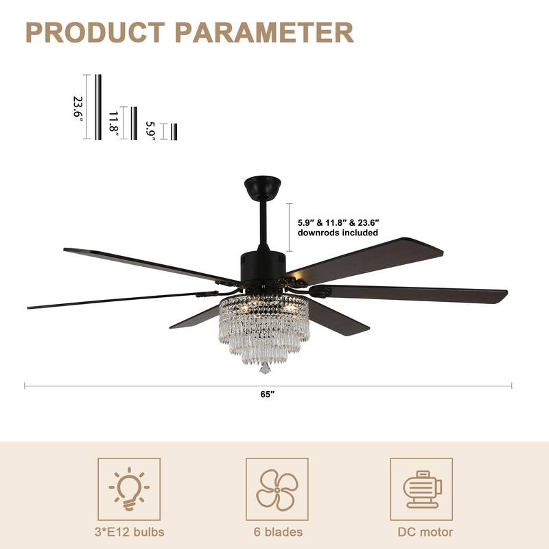Bella Depot 65" Crystal Ceiling Fan with Light Kit and Remote Control,6-Speed Reversible Ceiling Fan