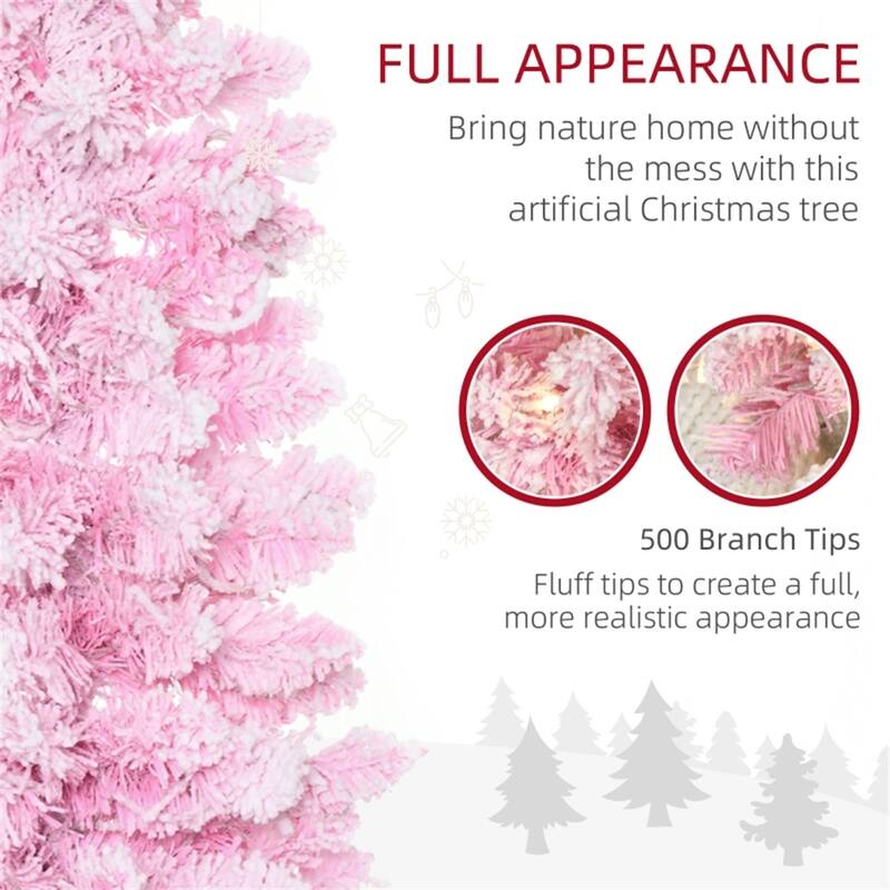 6 Feet Artificial Pencil Christmas Tree with Pink Leaves and Warm White LED Lights for Indoor Holiday Decor - 25.5"Dia x 70.75"H