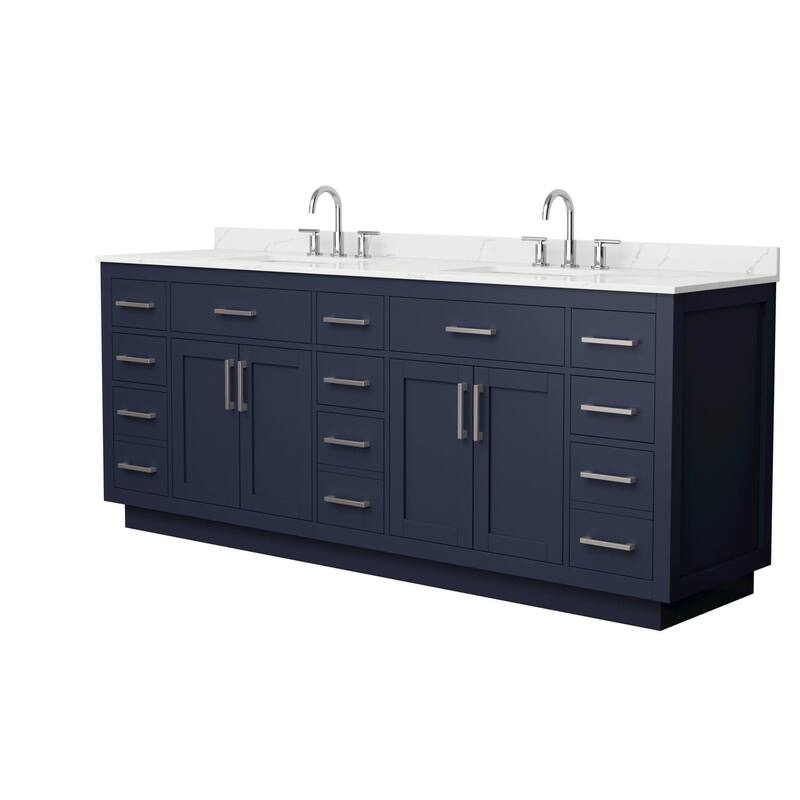 Wyndham Collection WCG262684D-QTZ-US3MXX Beckett TK 84" Free Standing - Dark Blue / Giotto Quartz Top / Brushed Nickel