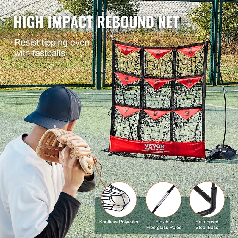 VEVOR 9 Hole Baseball Net, 21"x29" Softball Baseball Training Equipment For Hitting Pitching Practice, Heavy Duty Height Adjustable Trainer Aid With