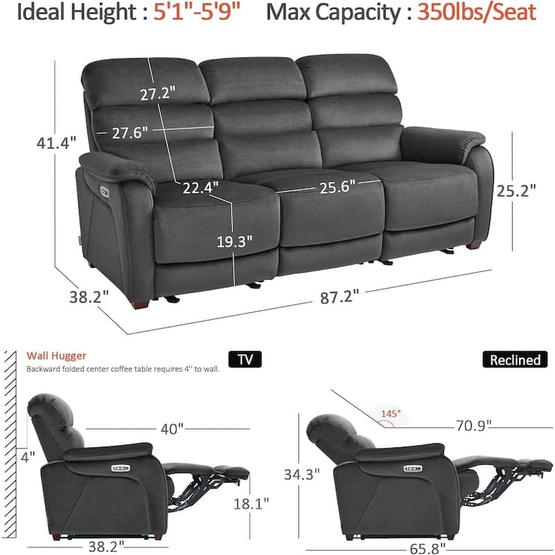 MCombo 61.6'' Wall Hugger Power Loveseat Recliner Sofa with Adjustable Headrest and USB A & C Charge Ports