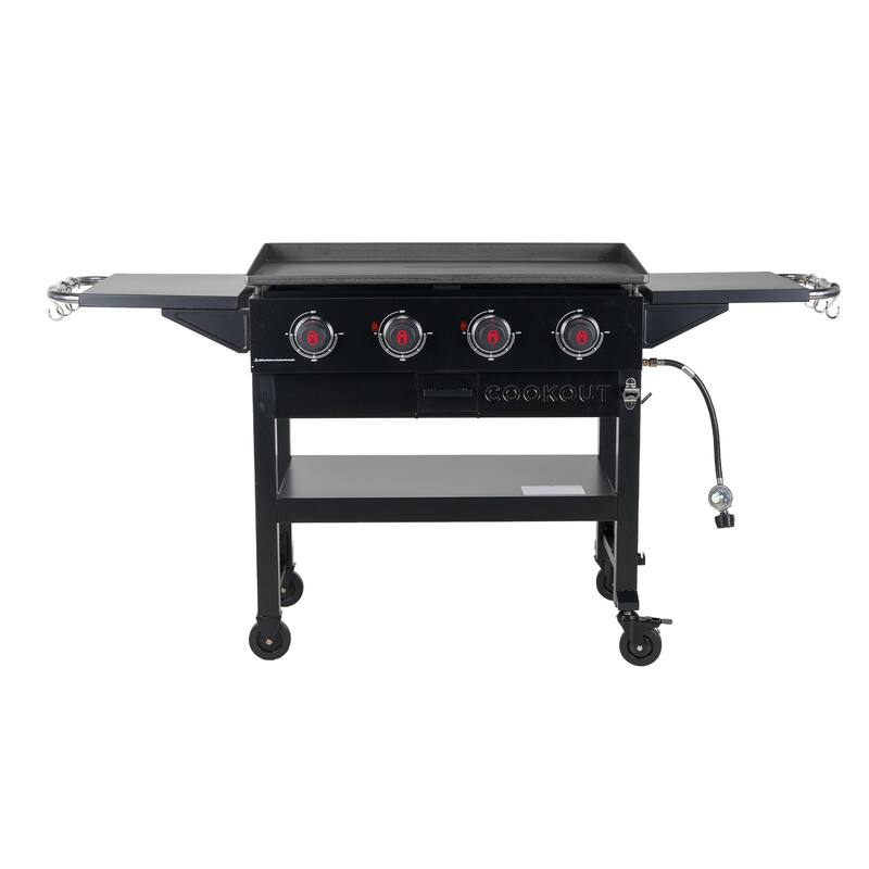 Coleman Cookout 4-Burner Propane Gas Griddle Station w/ 720-Sq. In. Total Cooking Surface, Grease Tray, 2 Side Shelves, Black