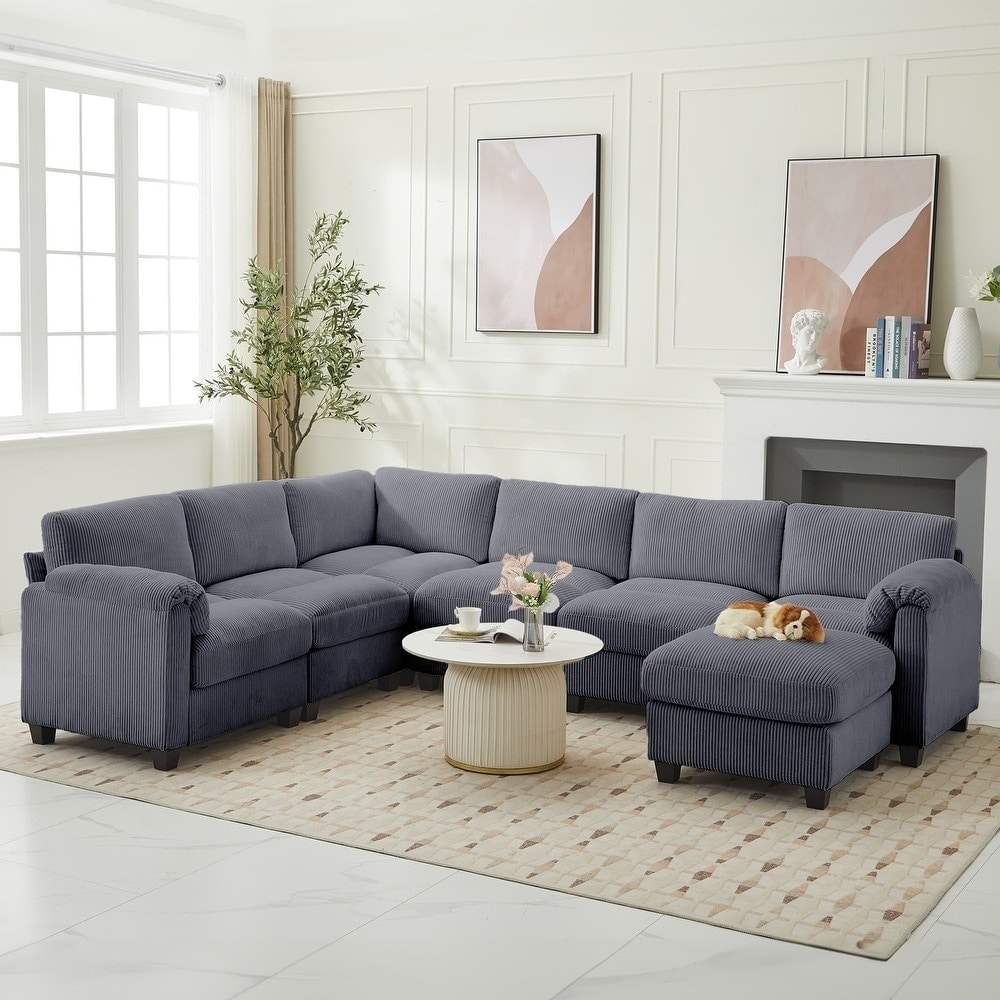 Multi-Seater Corduroy Sectional Sofa, Modular Settee, Included Removable Ottomans