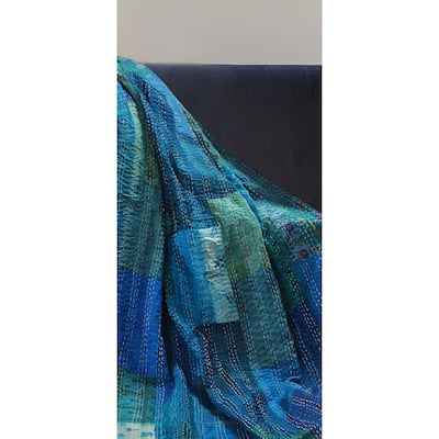70" X 50" Blue Kantha Silk Patchwork Throw Blanket with Embroidery