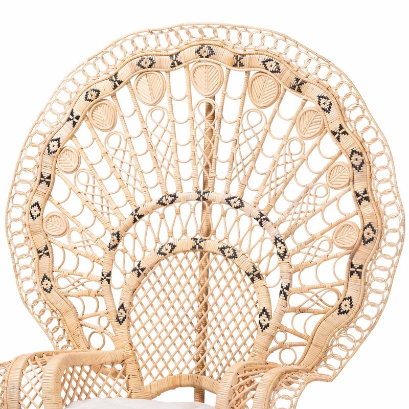 Nafisa Natural Rattan Peacock Chair - Handwoven Wicker Accent Chair with Fan Backrest and Removable Cushion, Boho Accent Seating