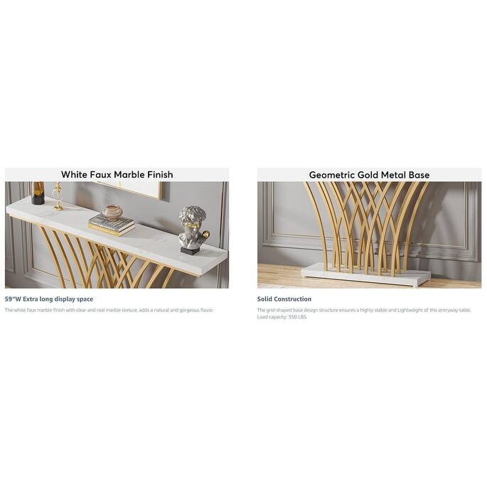 59" White & Gold Faux Marble Console Table, Modern Narrow Entryway Table with Grid Base for Living Room or Foyer