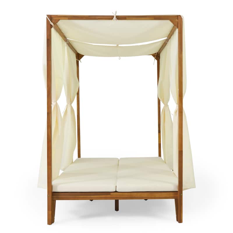 Kinzie Outdoor 2-seat Adjustable Acacia Daybed with Curtains by Christopher Knight Home - 51.25" L x 78.75" W x 78.75" H