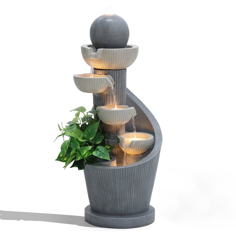 Gray Resin Spiral Sculpture with Bubbler 5-Tier Outdoor Fountain with Lights