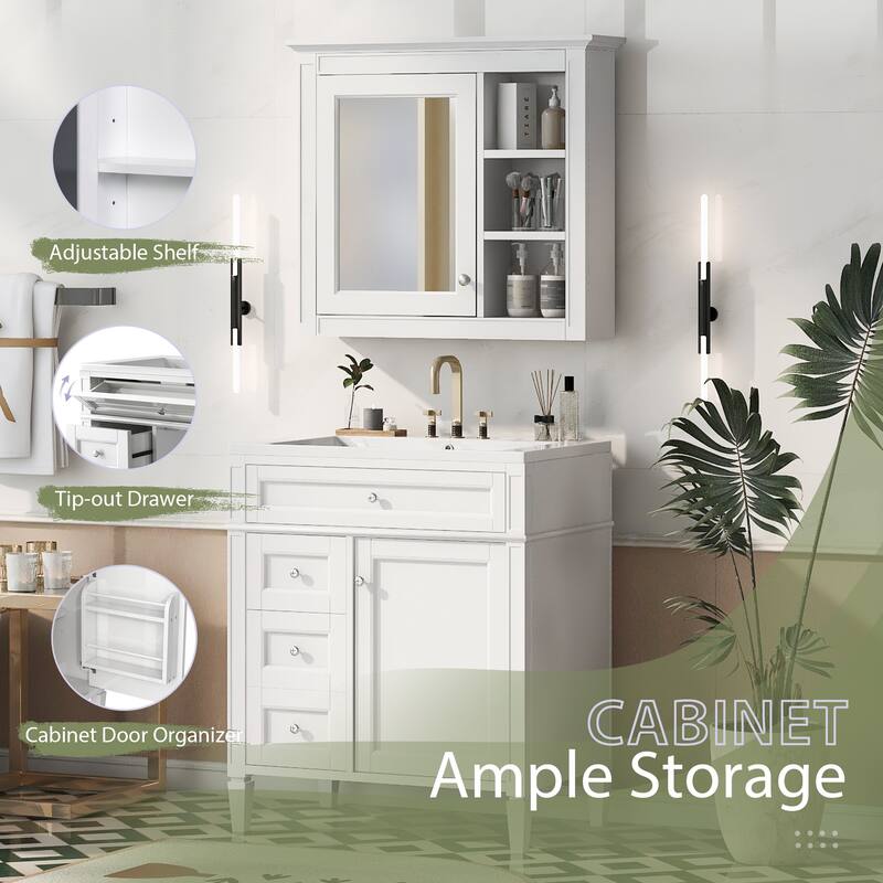 GDFStudio - Ravensden Modern Freestanding Bathroom Vanity Set with Ceramic Sink and Mirror Cabinet with a Tip-out Drawer - 30'W