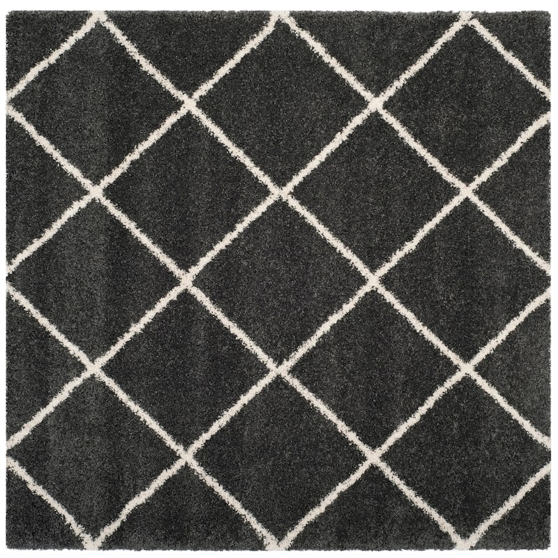 SAFAVIEH Hudson Shag Estella Diamond Trellis 2-inch Thick Rug - 7' x 7' Square - Dark Grey/Ivory
