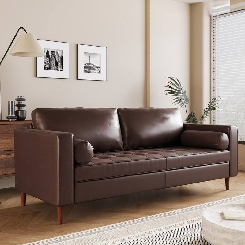 PU Leather Upholstered 3 Seater Sofa, Tufted Sofa with 2 Bolster Pillows, Lounge Sofa Chair with Solid Wood Legs - Dark Brown