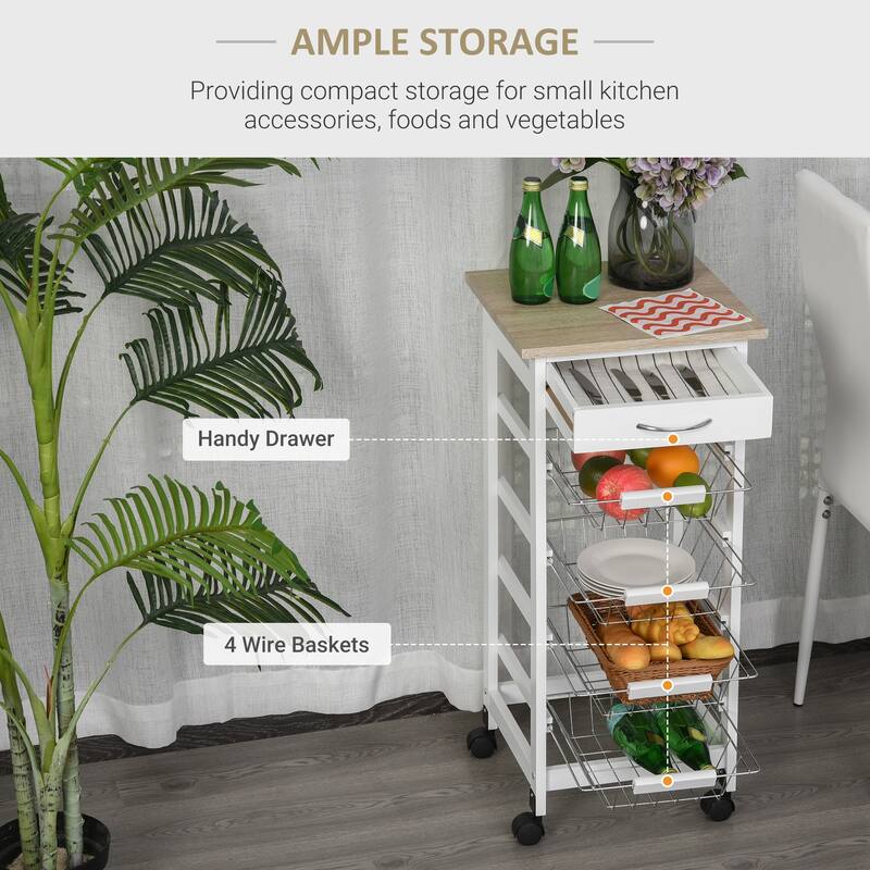 HOMCOM 32.25" Wooden Rolling Kitchen Storage Cart on 360-deg Swivel Wheels with Ample Storage Space & Solid Structure