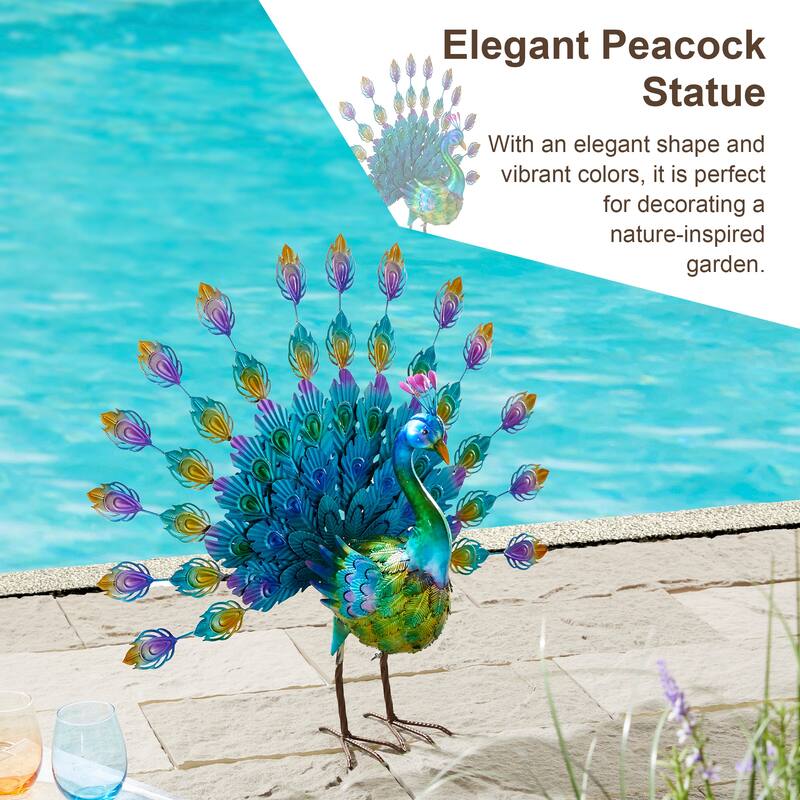 Glitzhome Metal Standing Peacock Garden Statue with Stakes for Indoor Outdoor