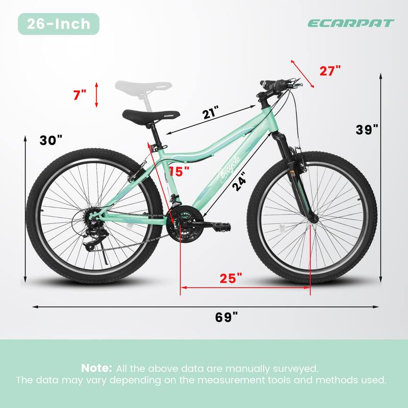 Mountain Bike 26 Inch, High-Density Carbon Steel Frame, 21 Speed, Front Suspension, Dual V-Brakes, 80% Pre-Assembled