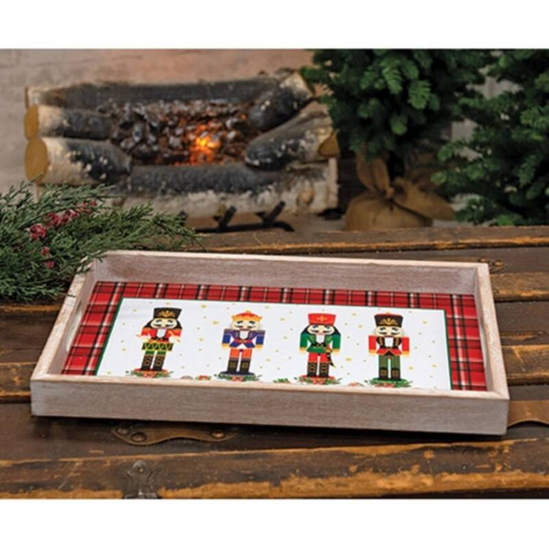 Multi Color Wooden Holiday Tray with Nutcracker Print Festive Christmas Decor 15x10 in - 15.75 x 10 x 1.25 in.