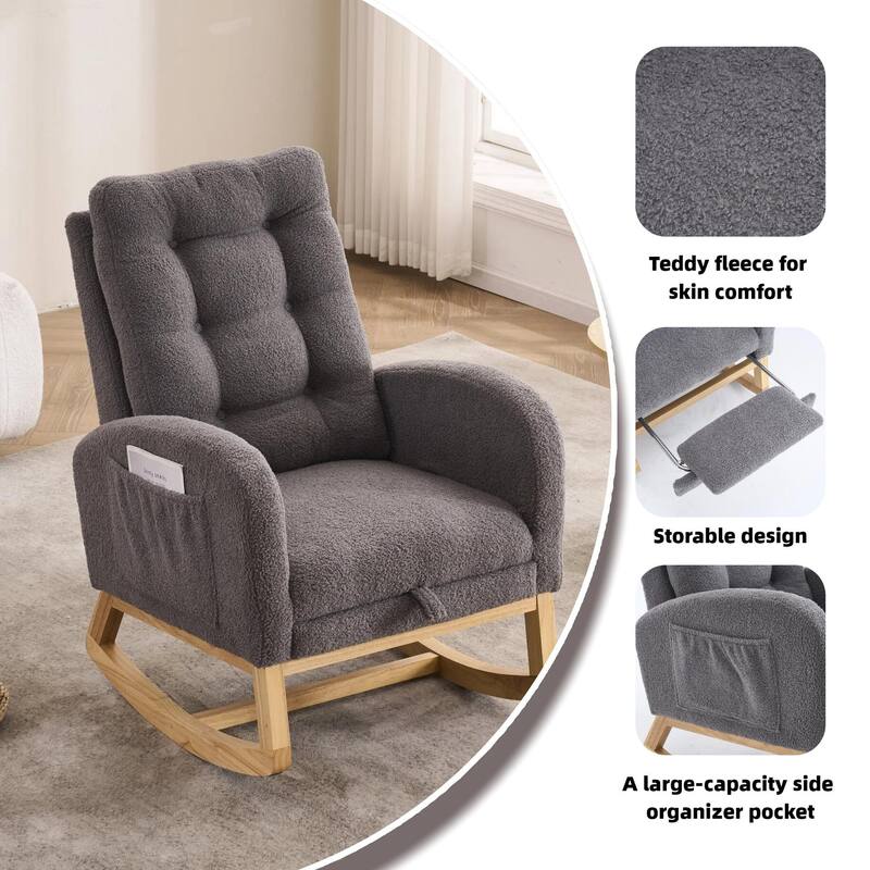 Accent Rocking Chair with Footrest & Storage Pocket, High-Back Rocker, Rubber Wood Lounge Chair