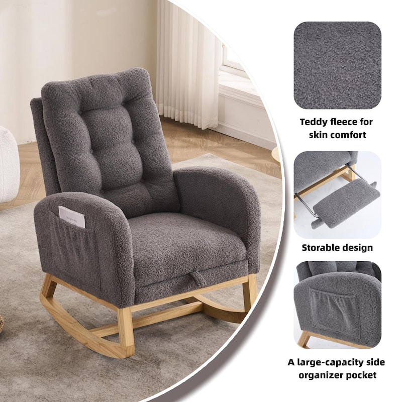 Upholstered Rocking Chair with Footrest & Thick Cushioned, Accent Chair Lounge Chair with Side Storage Pocket