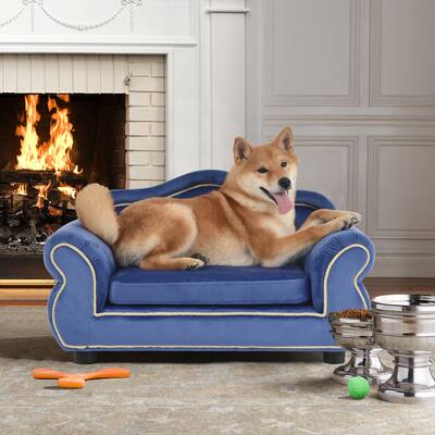 27" Pet Sofa,Dog Bed,Cat Bed, Wooden Frame And Velvet with Buttons And Beige Rope Lines, 4 Black Sturdy Plastic Sofa Feet