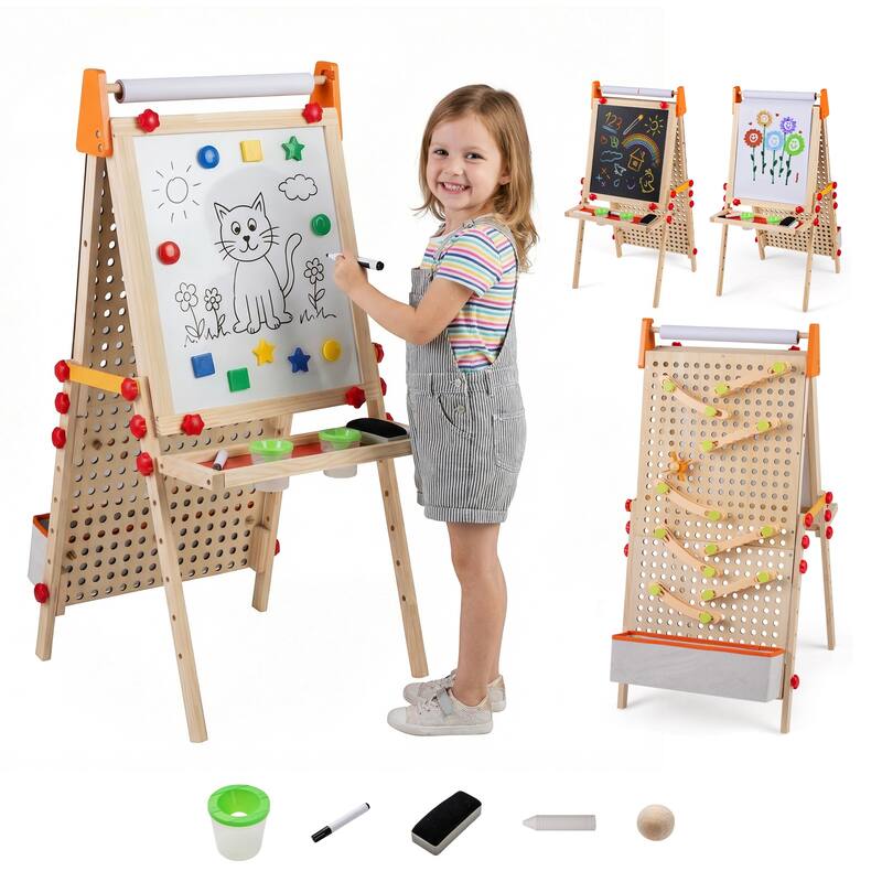 Gymax 4-in-1 Wooden Kids Art Easel w/Paper Roll Storage Tray & Marble - Brown