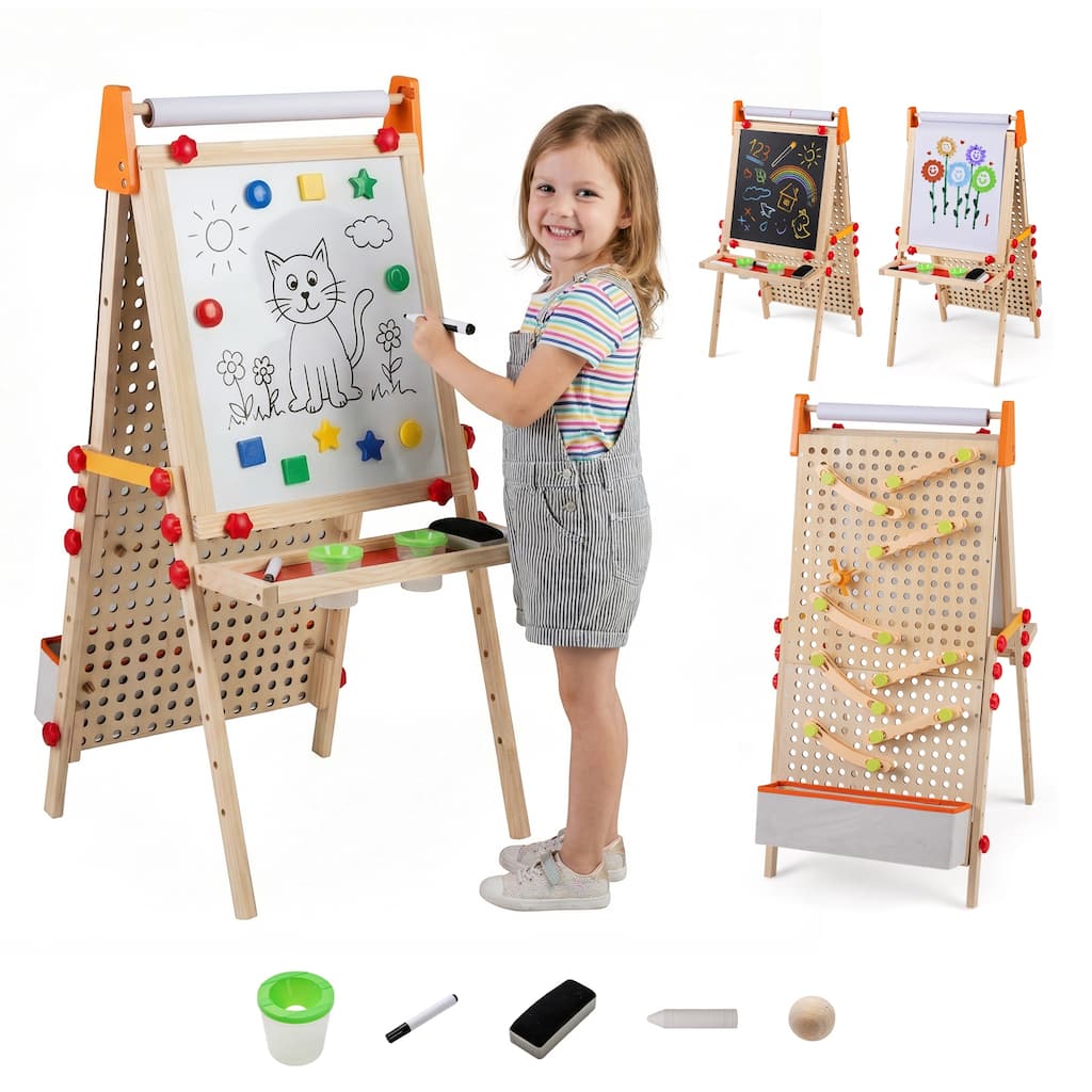 Gymax 4-in-1 Wooden Kids Art Easel w/Paper Roll Storage Tray & Marble