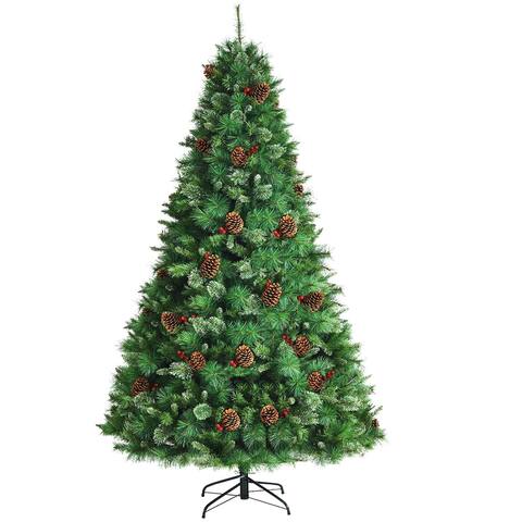 8 Feet Unlit Hinged PVC Artificial Christmas Pine Tree with Red Berries - 8 ft