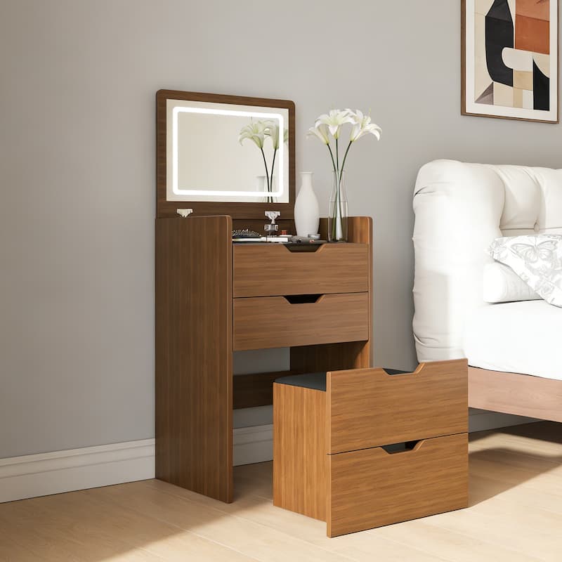 Anmytek Compact Vanity Desk with Flip-Top LED Mirror & Stool Walnut Finish 4-Drawer Nightstand