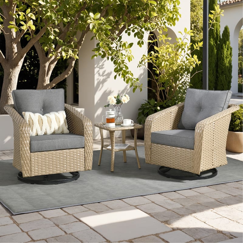 OVIOS Outdoor Wicker Swivel Chair 3-Piece Set (with Side Table) - Dark Grey
