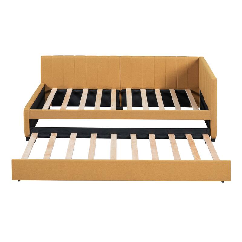 Upholstered Daybed with Twin Size Trundle, Twin Size Linen Fabric Sofa Bed Frame with L-Shaped Headboard, No Box Spring Needed