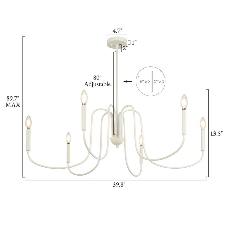 Modern Farmhouse 6-Light White Chandelier 39.8" W Classic Vintage Light - D 39.8" x H 13.5"
