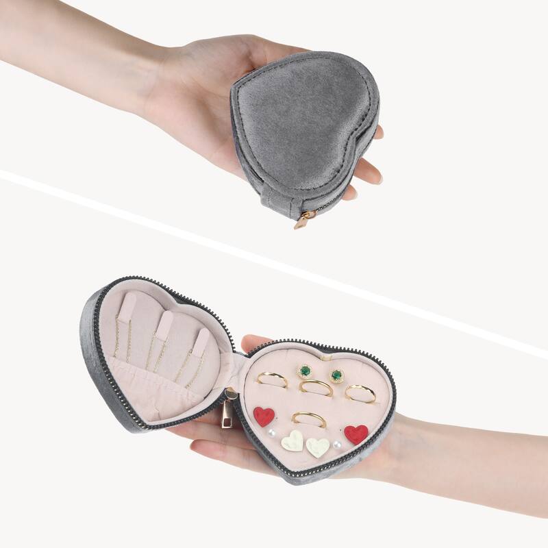 Travel Jewelry Box for Women, Small Portable Heart-Shaped Plush Velvet Jewelry Organizer Case Storage Display Holder - 10x10x5cm