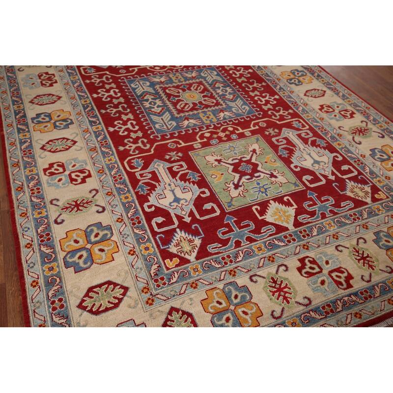 Geometric Red Kazak Area Rug Handmade Oriental Wool Carpet - 6'8" x 9'9"