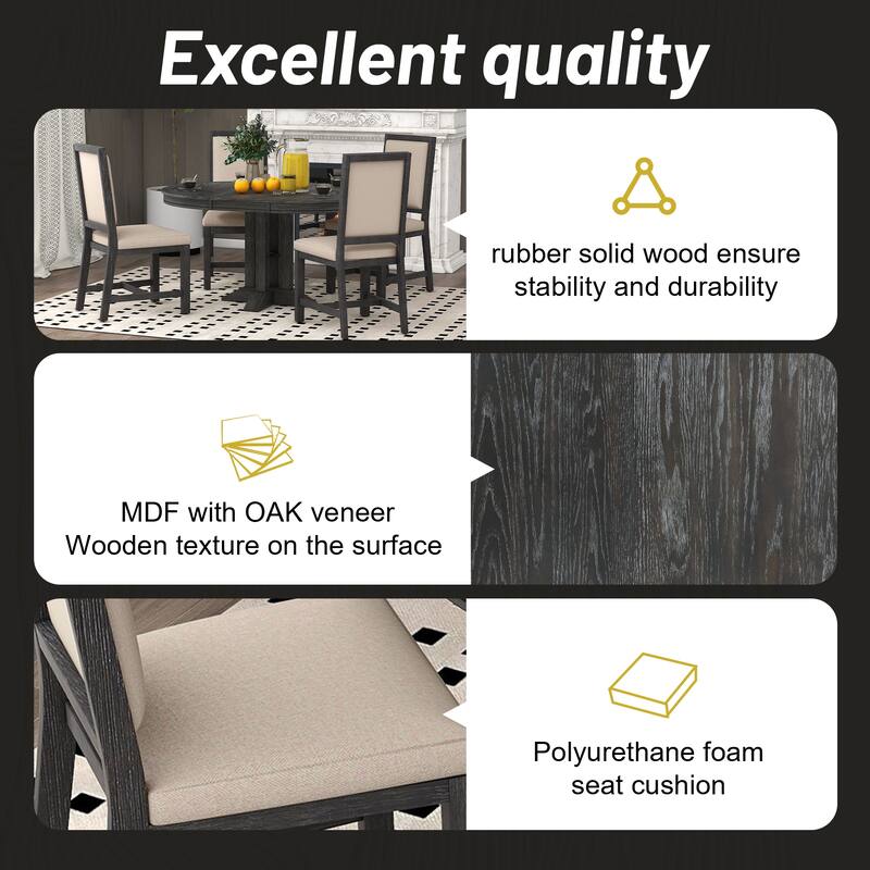 Farmhouse 5-Piece Wooden Dining Table Set with Extendable Round Table & 4 Chairs