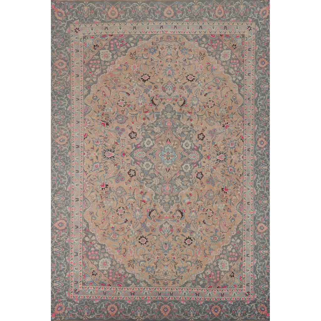 Floral Mashad Persian Vintage Area Rug Handmade Pink Wool Carpet - 8'3"x 11'9"