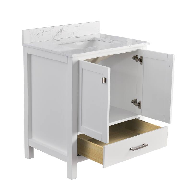 StarrySky 30 inch Undermount Single Sink Bathroom Vanity with Engineered Carrara Marble Top