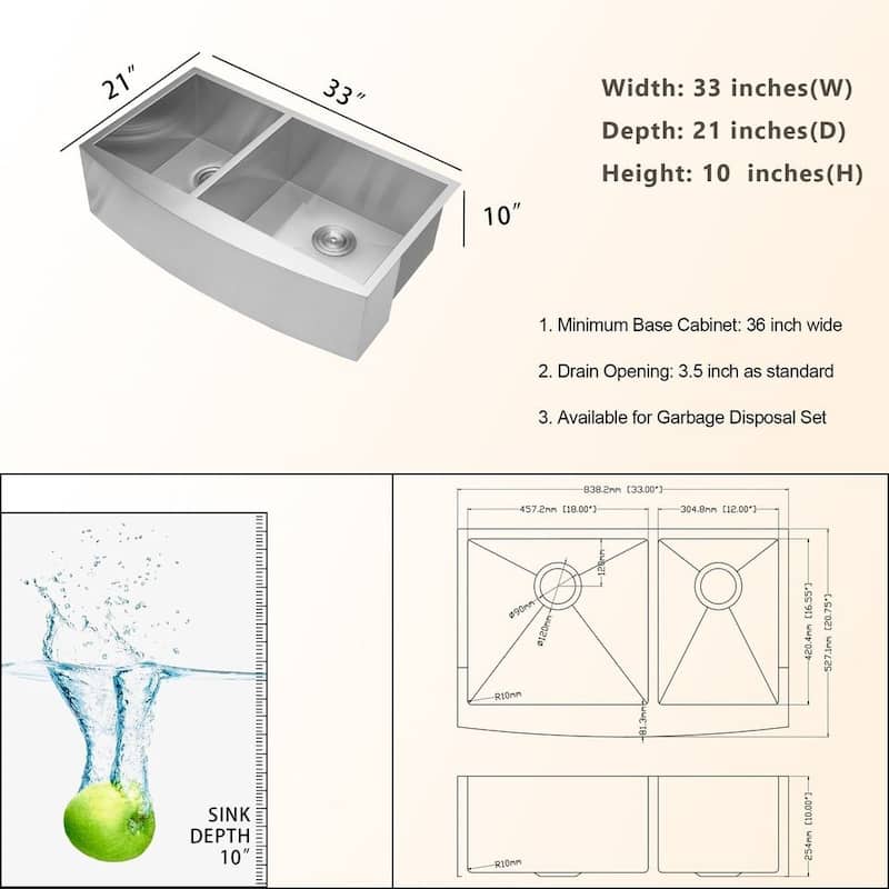 Mother's Day gift: Lordear 33 Inch Kitchen Sink Double Bowl 60/40 Stainless Steel 16 Gauge Round Corner Farm Kitchen Sink