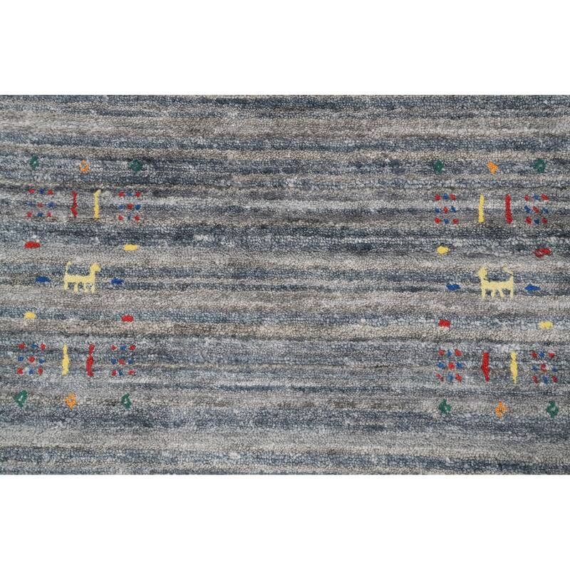 Hand Knotted Oriental Viscose Silk Carpet Tribal Animal Pictorial Greys & Charcoal Gabbeh Runner Rug - 11' 7'' X 2' 6''
