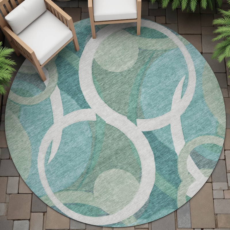 Machine Washable Indoor/Outdoor Contemoorary Deco Chantille Rug - Teal - 8' x 8'