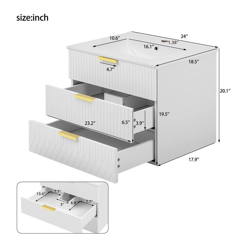 Roomfitters 24 Inch Wall Mounted Floating Vanity & Side Cabinet Combo, Modern Storage Station with Ceramic Basin Sink