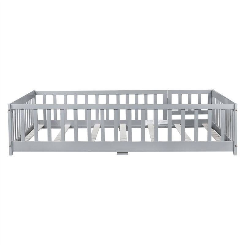 Twin/Full/Queen Size Floor Bed with Fence Guardrails and Door, Rubber Wood Toddler Bed Montessori Bed with Slats Support
