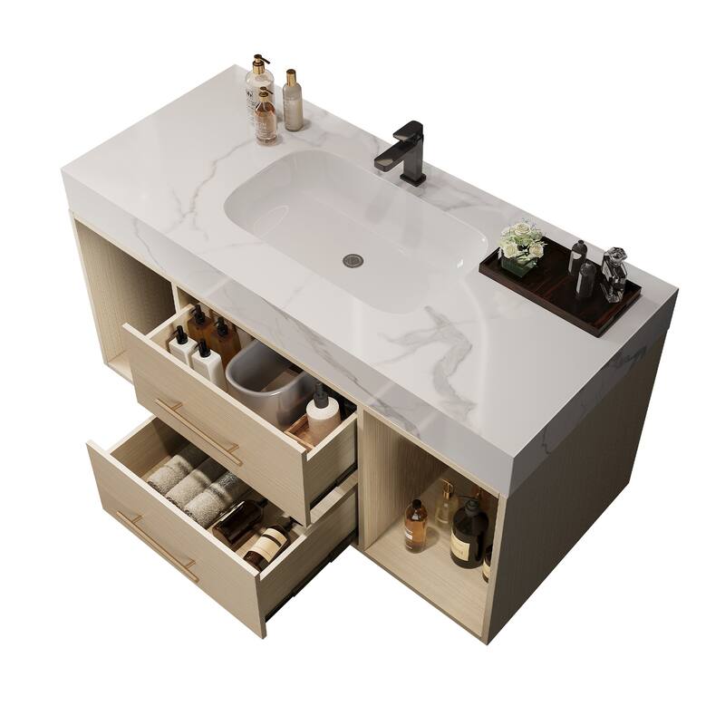 39.4"Floating Bathroom Vanity with Ceramic sink,Wall Mounted Vanity 2 Soft Close Drawer and white Slate top